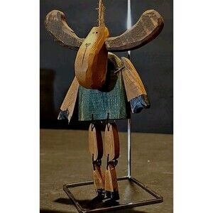 Primitive Wood Moose Ornament 7" Jointed Articulated Carved Rustic Folk Art